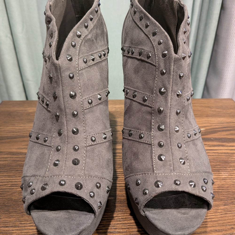 Gray Studded Women's Peep-Toe Ankle Boots